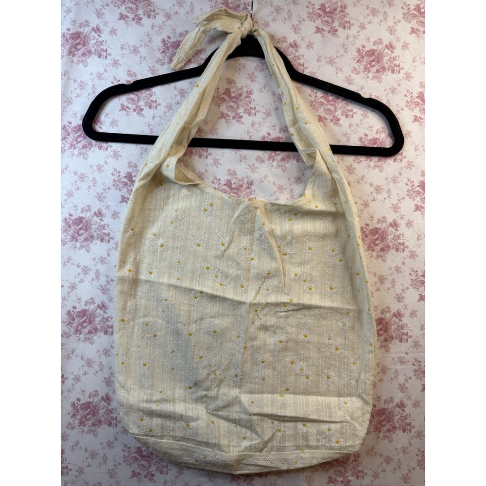 Yellow Daisy Floral Hobo Shoulder Purse Tote Bag Cream 14x23"